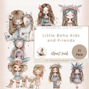 Clipart de niña bohemia, gitana y amigas, clipart bohemio, clipart de meditación, clipart de yoga, uso comercial, manualidades digitales