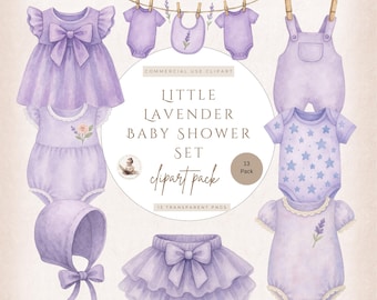 Clipart de bebé lavanda, PNGs de baby shower lila, ropa y accesorios de bebé en acuarela, recuerdos para baby shower de niña, kit de diario basura