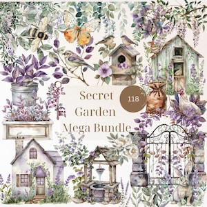 Clipart de jardim secreto, Mega pacote, uso comercial, clipart de jardim, chalé vintage, galinhas, pássaros, portas de jardim, fechadura e chave, lavanda