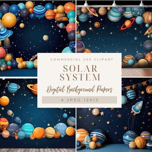 Puede incluir: Cuatro papeles de fondo digitales con un tema de sistema solar colorido. Los fondos son de color azul oscuro con estrellas y planetas en varios colores y patrones. El texto "COMMERCIAL USE CLIPART SOLAR SYSTEM Digital Background Papers 4 JPEG 12X12" se muestra en el centro de la imagen.