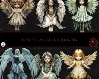 Heavenly Little Angels Clipart, Celestial Child Angel PNGs, Guardian Angel Art, Ethereal Fantasy Girls with Wings, Commercial Use