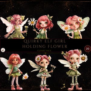 Quirky Girl Elf Holding a Daisy, Elf Clipart, Romantic Clipart, Pixies Png, Whimsy Clipart, Fantasy Clipart, Commercial Use, Transparent PNG