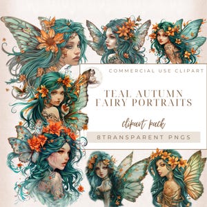 Teal Feen Porträts Clip Art, Schmetterling Mädchen Grafiken, Fantasy Clipart, Fee Junk Journal, Fee Ephemera, digitales Handwerk, kommerzielle Nutzung