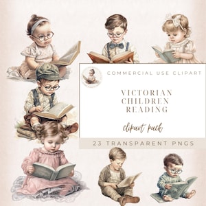 Enfants lisant, enfants vintage, clipart amateurs de livres, graphismes confortables, étude des cliparts, usage commercial, fabrication de cartes, lecture fille et garçon