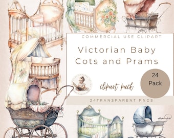 Victorian Baby Stroller Clipart, Vintage Baby Carriage Image, Baby Shower Clipart, Antique Baby Carriage, Watercolor Baby Bundle
