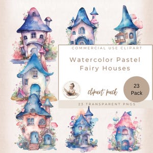 Clipart de casa de fadas fofa, casa de fadas em aquarela com flores em tons pastel, PNG, sublimação de fantasia fofa, decoração de berçário, uso comercial, criação de cartões