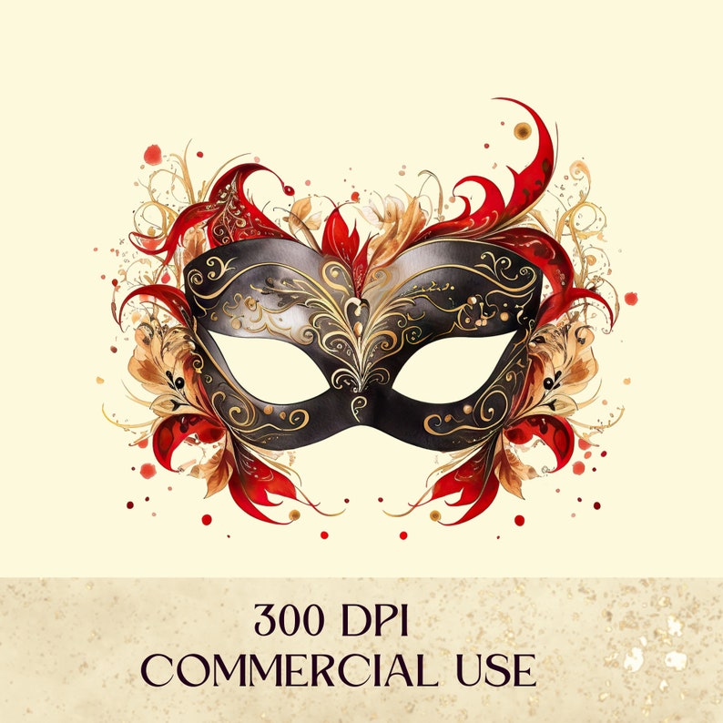 Masquerade Clipart, Party Mask, Anniversary Mask, Ball Mask, Masquerade Party, Commercial Use, His & Hers Masquerade Masks, Red, Black Gold image 5