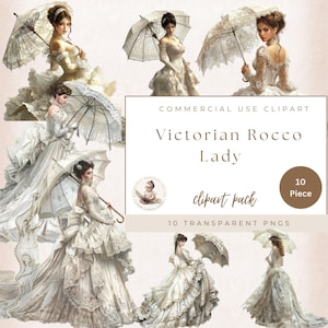 Victorian Rocco Lady, viktorianische Clipart, Hochzeit Clipart, transparenter Hintergrund, DIY Hochzeit, weißes Spitzenkleid, Einladungen, kommerzielle Nutzung,