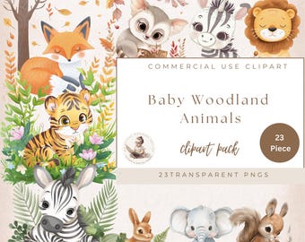Imágenes prediseñadas de animales del bosque para bebés, decoración de bosque para guardería, baby shower, imágenes prediseñadas para uso comercial, animales en acuarela, arte mural para guardería
