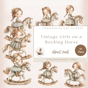 May include: A set of 12 digital clipart images featuring vintage-style girls riding rocking horses. The girls are dressed in dresses with lace and bows, and the horses are painted white with brown accents. The clipart is perfect for adding a touch of whimsy to your digital projects.