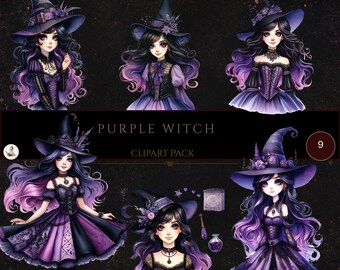 Witchcraft Clipart, Watercolor Clipart, Cute Witch Clipart, Purple Witch Clipart, Dark Spell Png, Magical Clip Art, Halloween Clipart