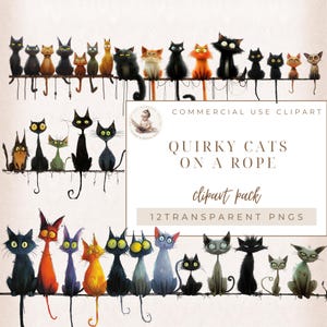 Whimsical Cat Clipart, Quirky Cat, Cats on A Rope Clip Art, Junk Journal Cats, Cat Illustrations, Commercial Use, Funny Cats, Digital Crafts