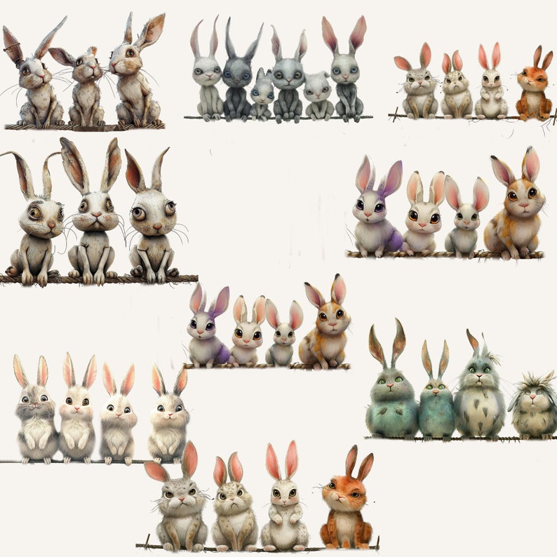 Whimsical Quirky Bunny Clipart Bundle, Weird Quirky Wall Art, Rabbit on ...
