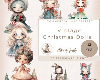 Vintage kerstpop, aquarel winter clipart, kerst clipart, kerst meisje clipart, commercieel gebruik, planner graphics, kaarten maken