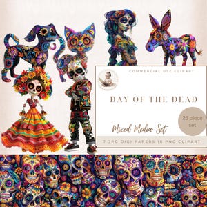 Clipart del Día de Muertos, La Catrina, Clipart Mexicano, Clipart de Halloween, Papeles Digitales, Fondos Digitales de Calavera, Kit de Scrapbooking,