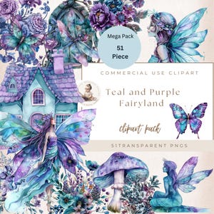 Clipart del paese delle fate, Mega Bundle, Uso commerciale, Clip Art del giardino delle fate, Viola e verde acqua, Porte delle fate, Casa, Porte, Fiori, Funghi.