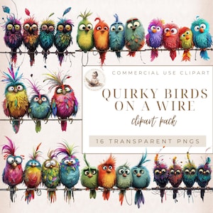 Quirky Bird Clip Art, Birds on A Wire, Funny Birds, Pets Clipart, Whimsical Clipart, Scrapbook Images, Commercial use, Digital Crafts