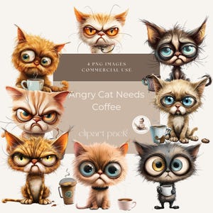Clipart chat en colère, chat a besoin de son café, drôles de chats, chats originaux, clipart chats, usage commercial, créations numériques, clipart chat fantaisiste,