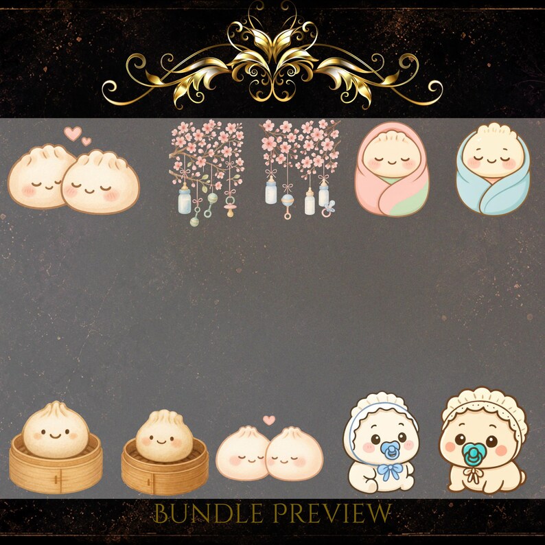 May include: A digital art bundle with charming illustrations of dumplings, swaddled babies, baby accessories, and babies in bonnets. The text "BUNDLE PREVIEW" is at the bottom. The colour scheme includes soft pinks, blues, and creams.