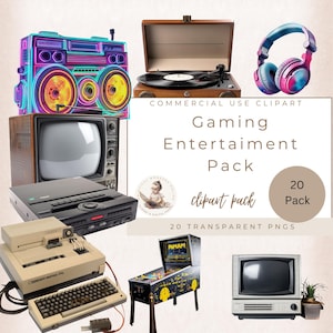 Clipes de videogame, Pacote de clipart de entretenimento, Clipart de aquarela, Era de 1980, Arte de sublimação, Criação de cartões, Uso comercial, Mídia mista