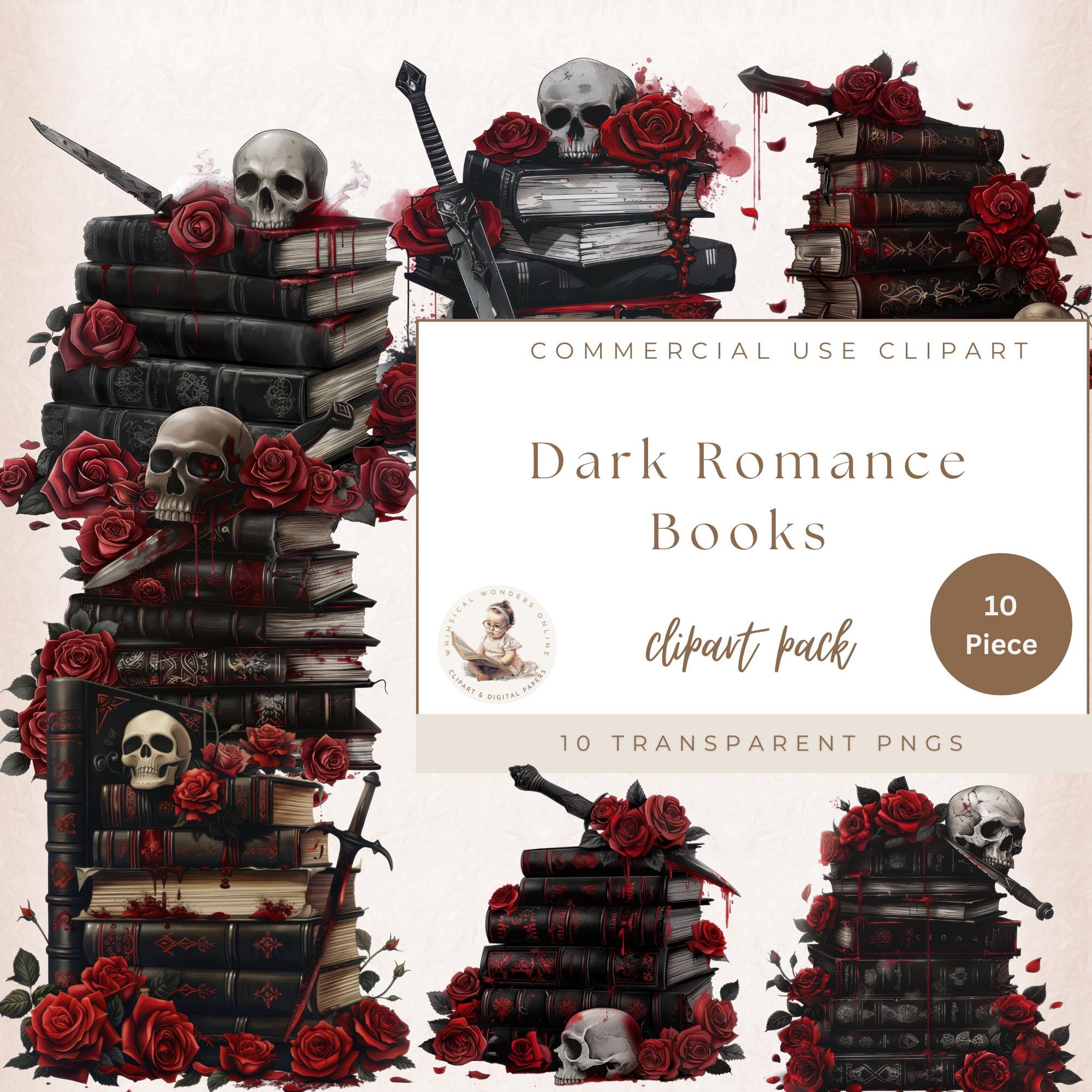 Gothic Dark Romance Books Clipart, Skull Clipart, Gothic Roses and Skull Books Clipart, commercieel gebruik, Junk Journal, Digital Crafting