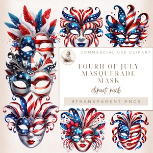 Clipart mascarade, masque de fête du 4 juillet, masque de célébration, fierté des cliparts, clipart du 4 juillet, usage commercial, créations numériques