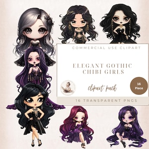 Gothic Girl Clipart, Elegant Goth Girl, Party Clipart, Digital Crafts, Commercial Use, Fashion Girl Clipart, Cute Chibi Girls, Digital Craft