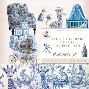 Clipart de Toile de Jouy, elementos vintage franceses para guardería, baby shower azul, clipart para guardería, papeles digitales de Toile de Jouy azul, manualidades digitales