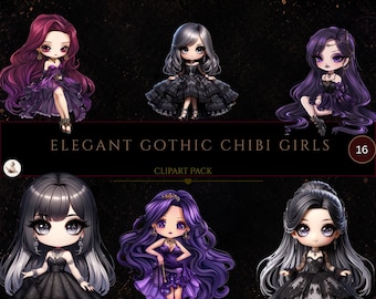 Gothic Girl Clipart, Elegant Goth Girl, Party Clipart, Digital Crafts, Commercial Use, Fashion Girl Clipart, Cute Chibi Girls, Digital Craft