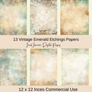 papiers numériques vert émeraude vintage, téléchargement de papier décoloré, pages de journal indésirables, usage commercial, papier de scrapbooking, paquet de papier vintage