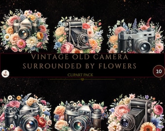 May include: A digital collection of six vintage cameras, each surrounded by colorful floral arrangements of roses, daisies, and other blossoms. The text VINTAGE OLD CAMERA SURROUNDED BY FLOWERS CLIPART PACK is centered on a dark background.