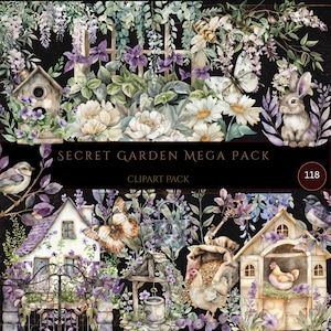 Op de afbeelding: Een digitaal clipartpakket getiteld "Secret Garden Mega Pack" met aquarel illustraties van tuinelementen. Bevat een vogelhuisje, bloemen, vlinders, een konijn en tuinscènes. Het pakket bevat 118 elementen.