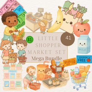 子供向けの食料品ショッピングクリップアート、かわいい子供たち、ミニカート、食品アイテム、遊び場シーンのPNG画像（教育用印刷物、デジタルクラフト用）