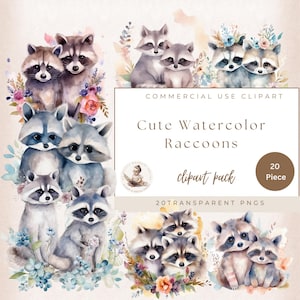 Raccoon Watercolor Clipart, Nursery Decor Baby Raccoon, Cute Baby Animal Floral Clipart, Wall Decor, Commercial Use, Instant Download