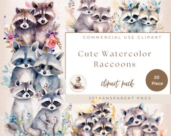 Clipart de mapache en acuarela, decoración infantil de mapache bebé, clipart floral de adorable animalito, decoración de pared, uso comercial, descarga instantánea