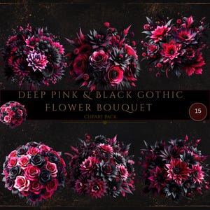 Imágenes prediseñadas de ramos de flores góticos, ilustraciones de ramos de boda florales en rosa y negro, imágenes prediseñadas florales oscuras y sombrías, uso comercial, creación de tarjetas.