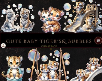Baby Tiger Clipart Bundle, Cute Tiger Cubs PNG, Jungle Animal Clipart, Nursery Graphics, Baby Shower Decorations, Commercial Use PNG