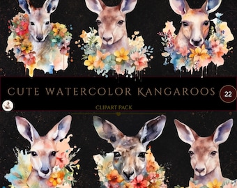 May include: A digital collection of six watercolor kangaroo illustrations on a black background. Each kangaroo head is surrounded by colorful floral accents in shades of orange, yellow, and pink. The text reads CUTE WATERCOLOR KANGAROOS 22.