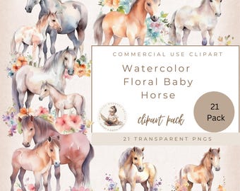 Watercolor Floral Horse Clipart, Horse with Flowers Bundle, Horse Sublimation Designs, Fantasy Horse Clip Art, Commercial Use, Nursey Decor