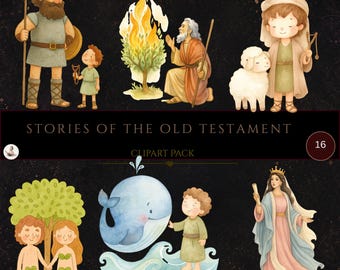 Pacchetto di clipart di personaggi biblici dell'Antico Testamento, immagini PNG ad acquerello cristiano, illustrazioni di storie bibliche, arte per la scuola domenicale e la fede.
