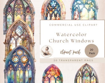 Stained-Glass Windows Clipart, Watercolor Colorful Vintage Window with flowers, Arched, Arch, Church, Commercial Use, Transparent PNGs,