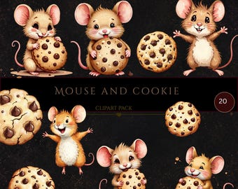 May include: A digital clipart collection featuring light brown mice with large ears and pink tails, shown holding or standing near chocolate chip cookies. The dark background includes the text MOUSE AND COOKIE CLIPART PACK and the number 20.