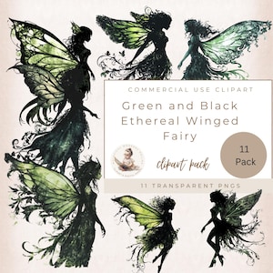 Grün und schwarz ätherisch geflügelte Fee Clipart, Digital Fantasy, Feen Kunstwerk, Clipart, Fantasy Schmetterling Mädchen Designs, Digital Craft