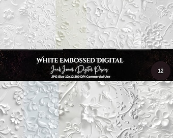 Könnte beinhalten: Eine Sammlung von zwölf weißen digitalen Papieren mit geprägten Blumenmustern, komplizierten Ranken und Blütenblättern. Das Bild enthält den Text WHITE EMBOSSED DIGITAL Junk Journal Digital Papers JPG Size 12x12 300 DPI Commercial Use.