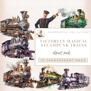 Clipart de tren steampunk en acuarela, PNG, álbum de recortes, diario basura, manualidades de papel, clipart de tren, fabricación de tarjetas, uso comercial, descarga digital