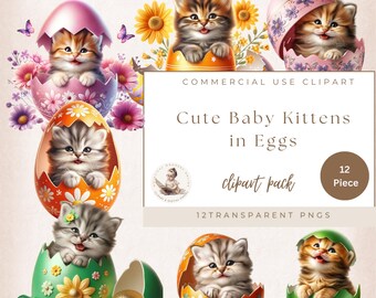 Cute Kitten Clipart, Baby Kittens in Eggshell, Playful Kittens Clipart, Baby Shower Clipart, Easter Clipart, Commercial Use, Kitten Lovers