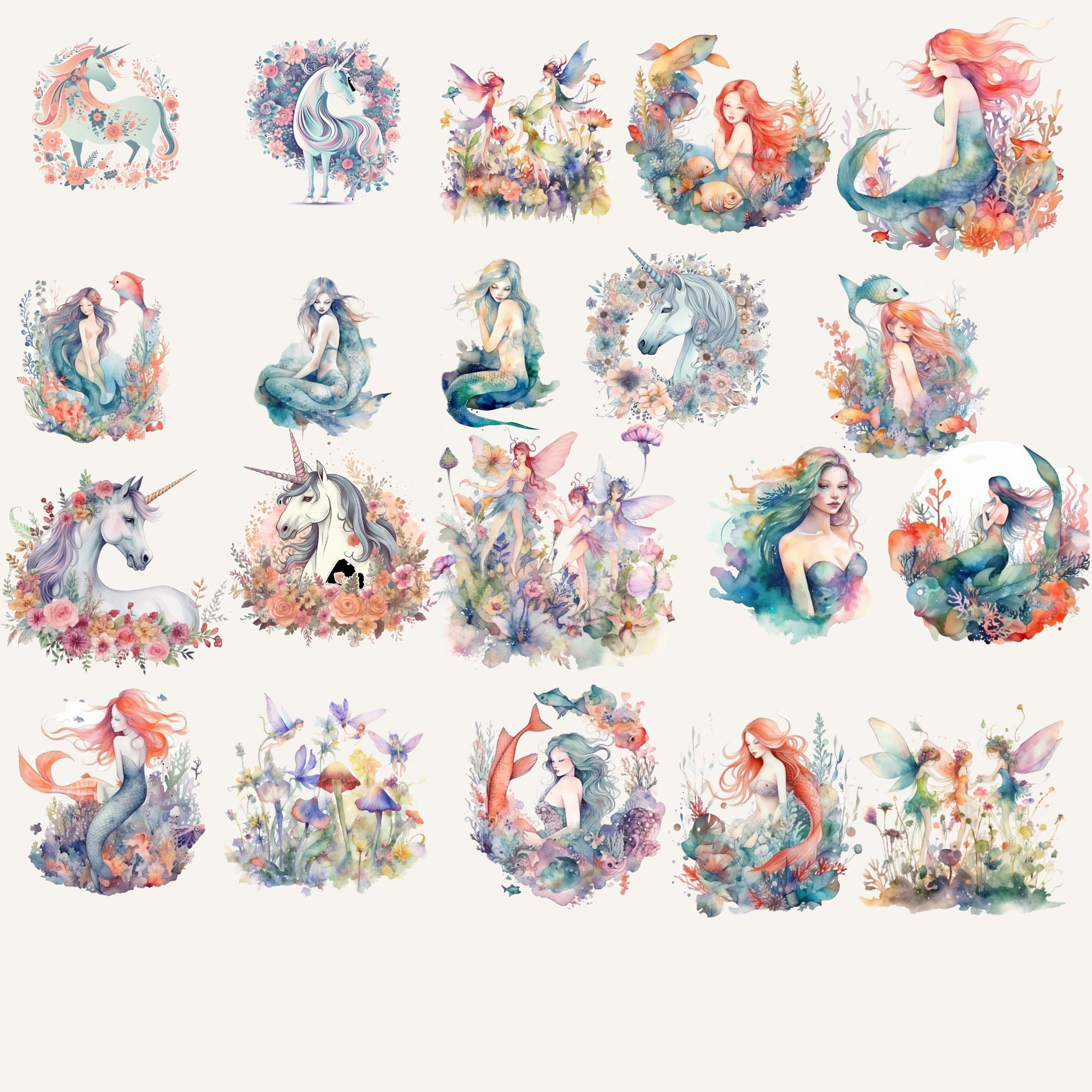 Unicorn Clipart, Whimsical Mermaid Clipart, Fairies Clipart Bundle, 300 ...
