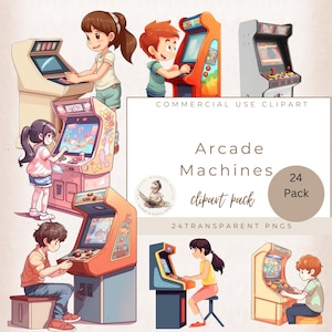 Clipart di macchine arcade, clipart di videogiochi, ragazzo e ragazza dei cartoni animati su una macchina da gioco arcade, clipart di bambini, sala giochi anni '80, uso commerciale, creazione di biglietti