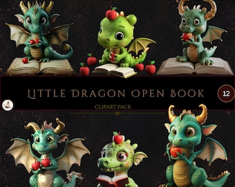 Puede incluir: Una colección de imágenes prediseñadas digitales que presenta seis ilustraciones de pequeños dragones verdes con cuernos y alas, cada uno interactuando con un libro abierto y manzanas rojas. El texto LITTLE DRAGON OPEN BOOK 12 está centrado sobre un fondo oscuro.