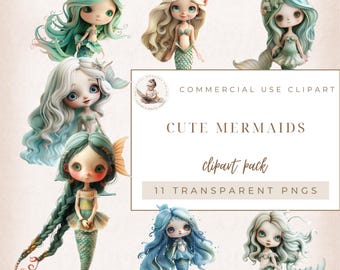 Cute Mermaid Clipart, Nautical Clipart, Girl Clipart, Fantasy Clipart, Little Princess, Fairytale Clipart, Commercial Use, Digital Crafts